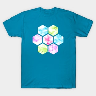 Marble Hexagon | Purple Pink Green | Blue Background T-Shirt